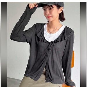Boutique gray Ruffled lightweight cardigan